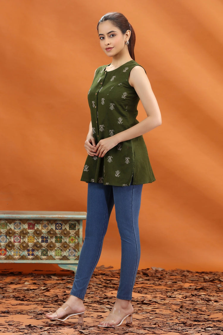 Mehndi Green Flex Cotton Embroidered Short Kurta