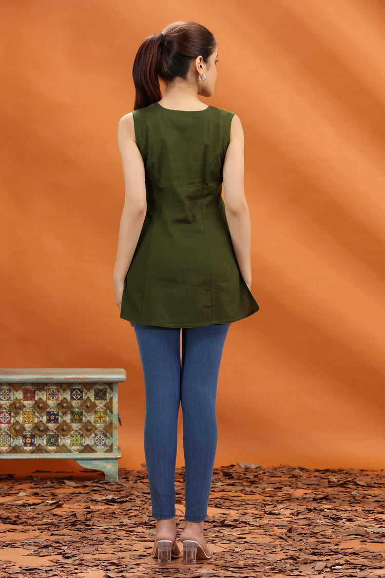 Mehndi Green Flex Cotton Embroidered Short Kurta