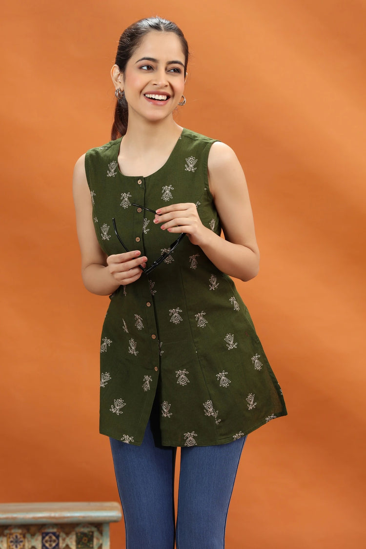 Mehndi Green Flex Cotton Embroidered Short Kurta