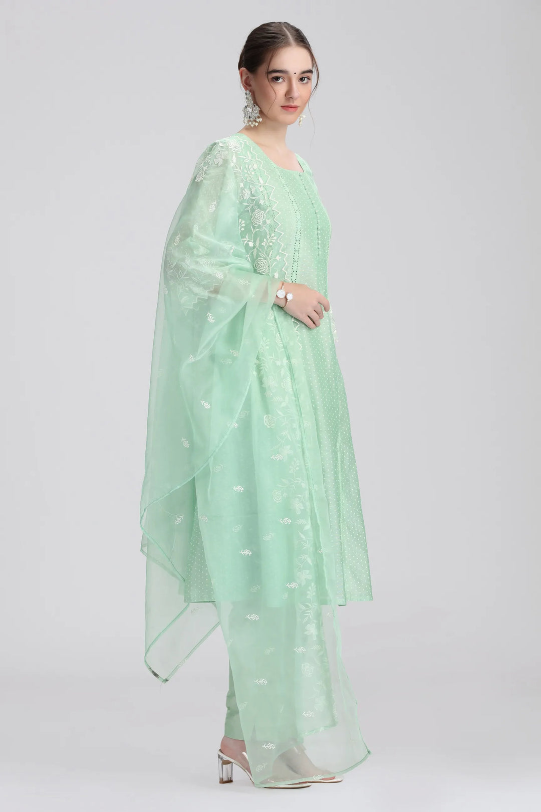 Mint Green Chanderi Embroidered A Line Kurta Pant and Dupatta Set