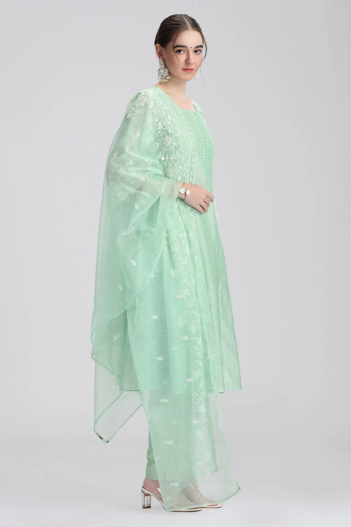Mint Green Chanderi Embroidered A Line Kurta Pant and Dupatta Set