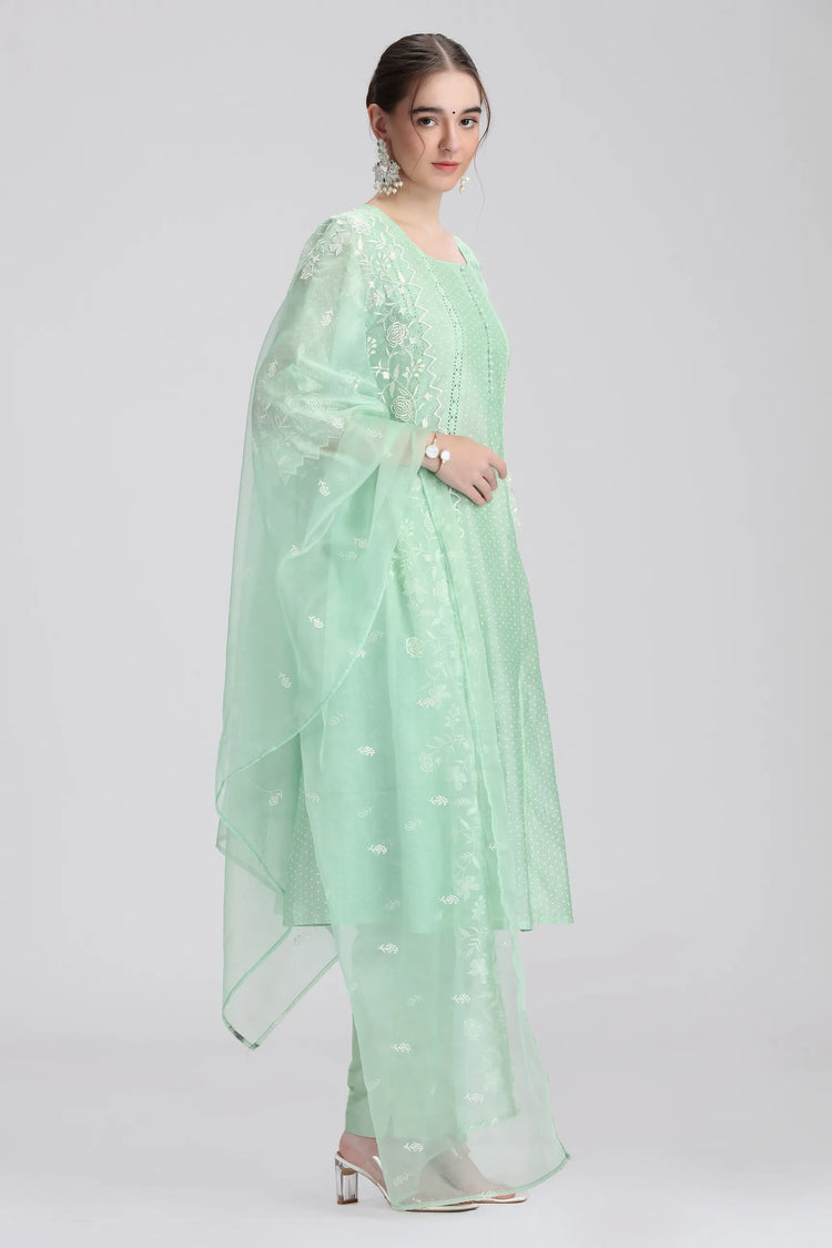 Mint Green Chanderi Embroidered A Line Kurta Pant and Dupatta Set