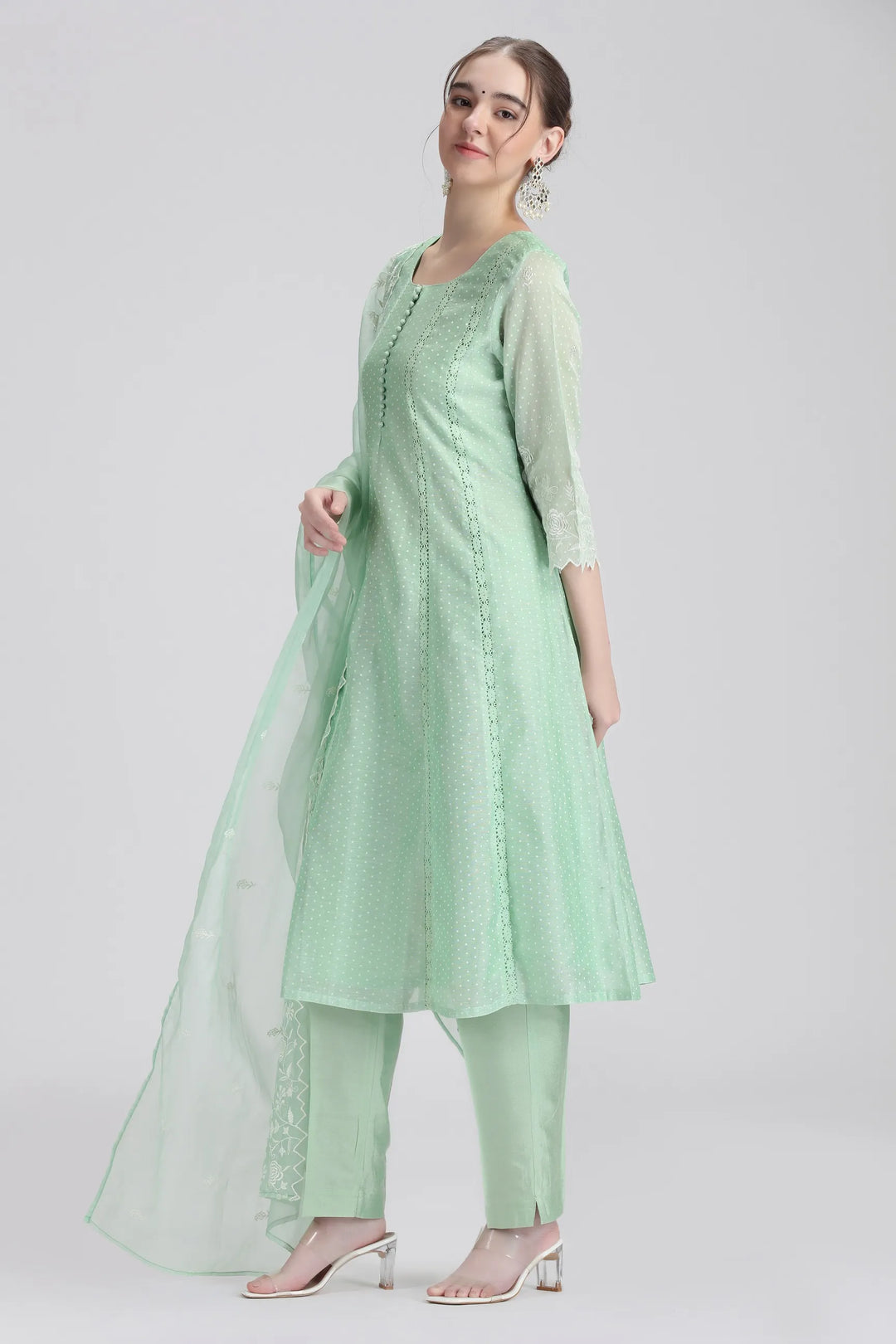 Mint Green Chanderi Embroidered A Line Kurta Pant and Dupatta Set