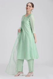 Mint Green Chanderi Embroidered A Line Kurta Pant and Dupatta Set