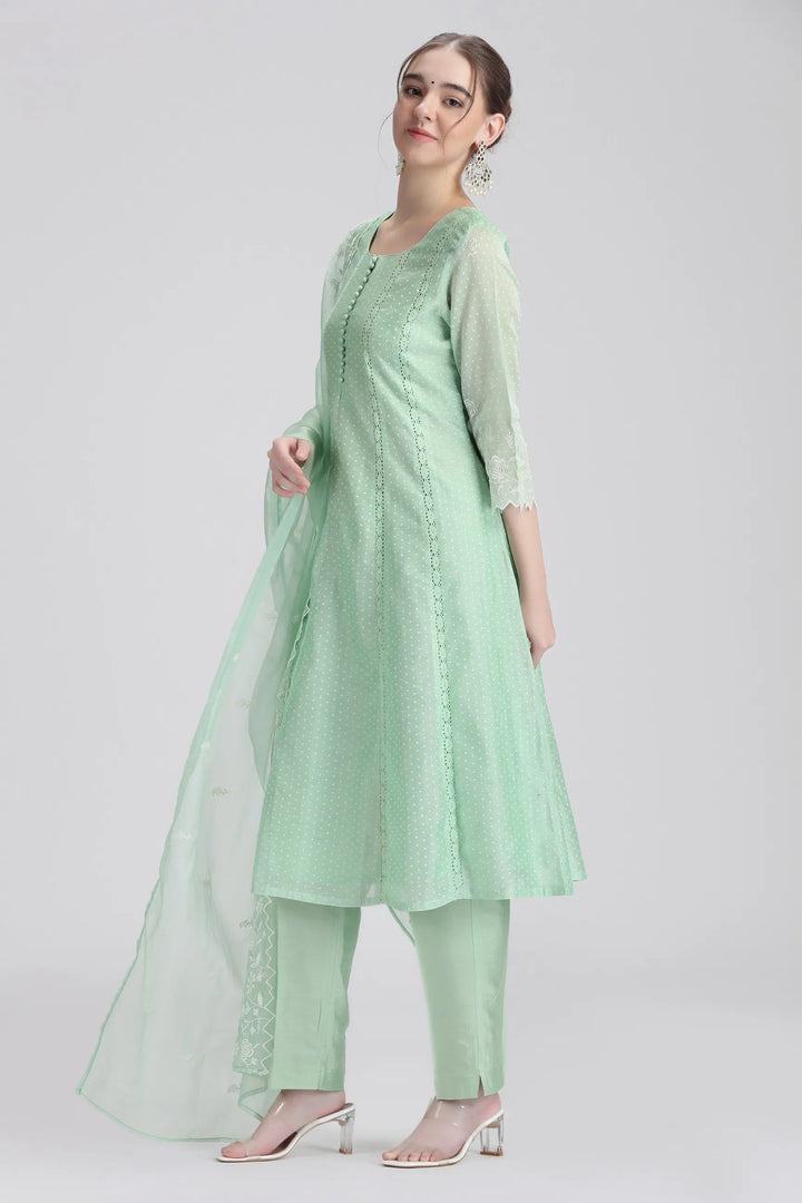 Mint Green Chanderi Embroidered A Line Kurta Pant and Dupatta Set