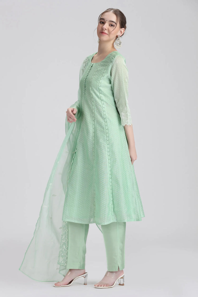 Mint Green Chanderi Embroidered A Line Kurta Pant and Dupatta Set