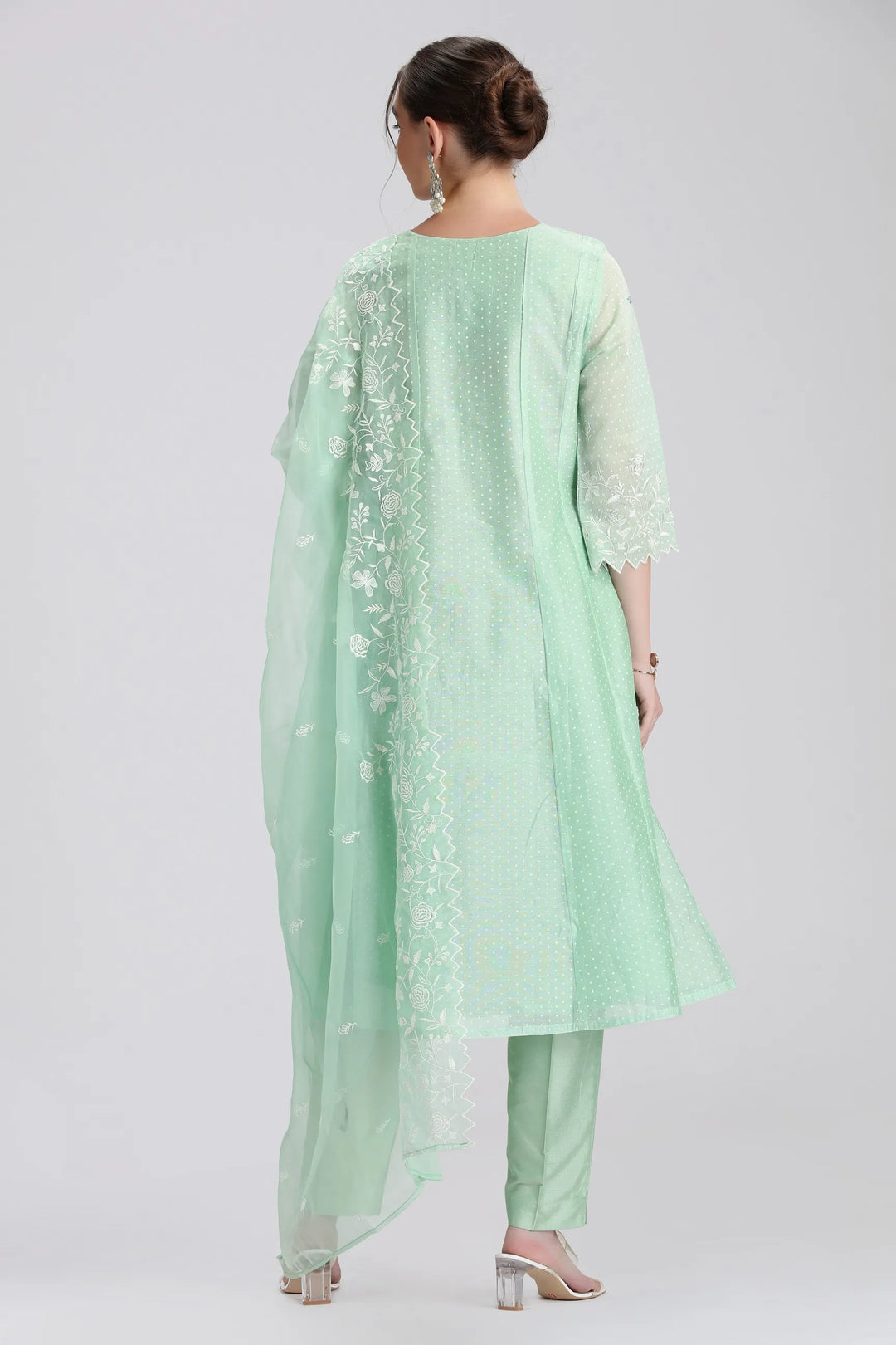 Mint Green Chanderi Embroidered A Line Kurta Pant and Dupatta Set