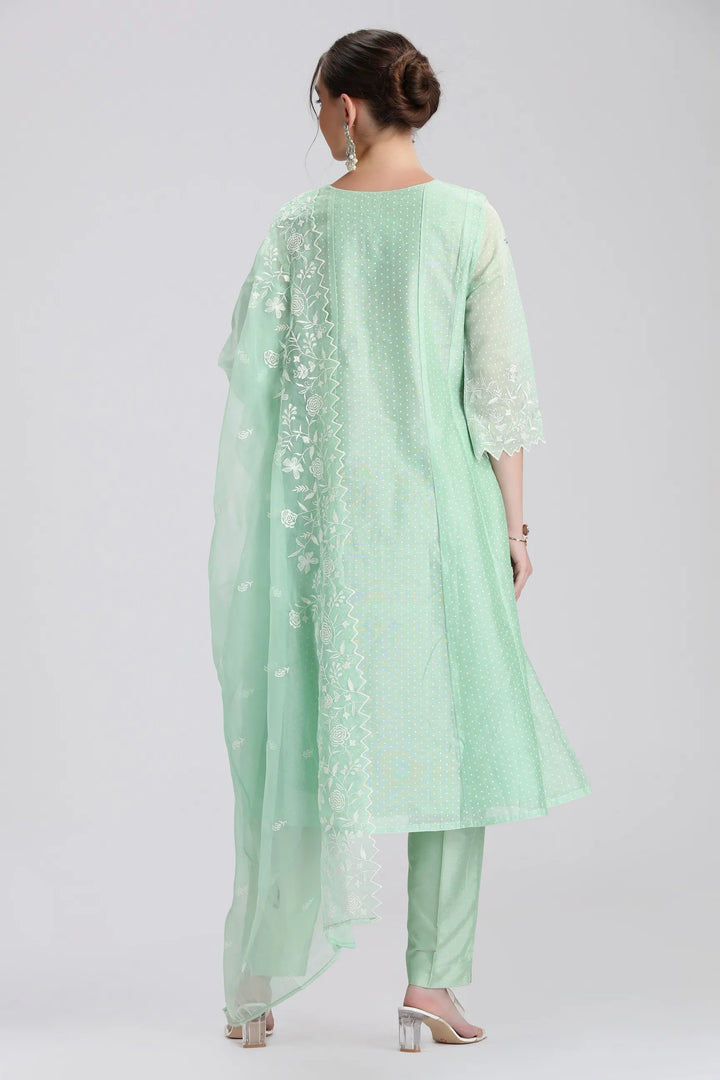 Mint Green Chanderi Embroidered A Line Kurta Pant and Dupatta Set