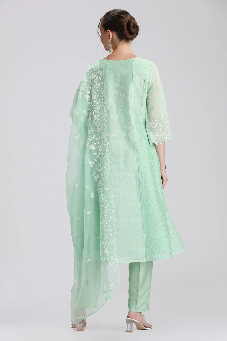 Mint Green Chanderi Embroidered A Line Kurta Pant and Dupatta Set