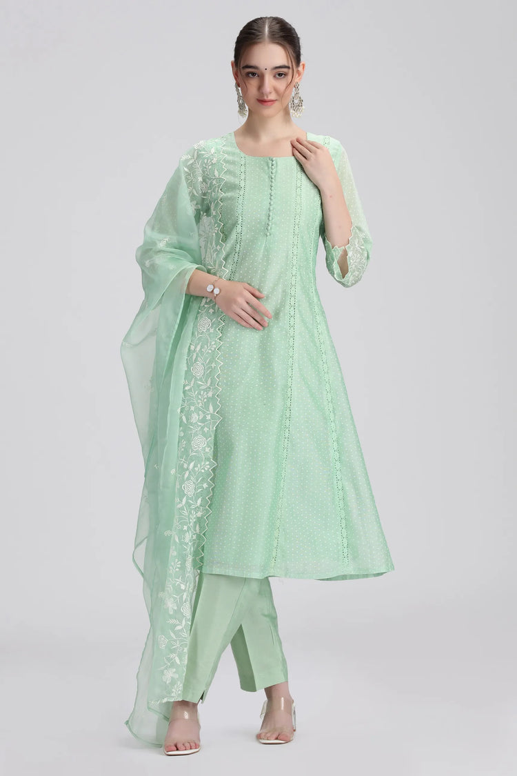 Mint Green Chanderi Embroidered A Line Kurta Pant and Dupatta Set