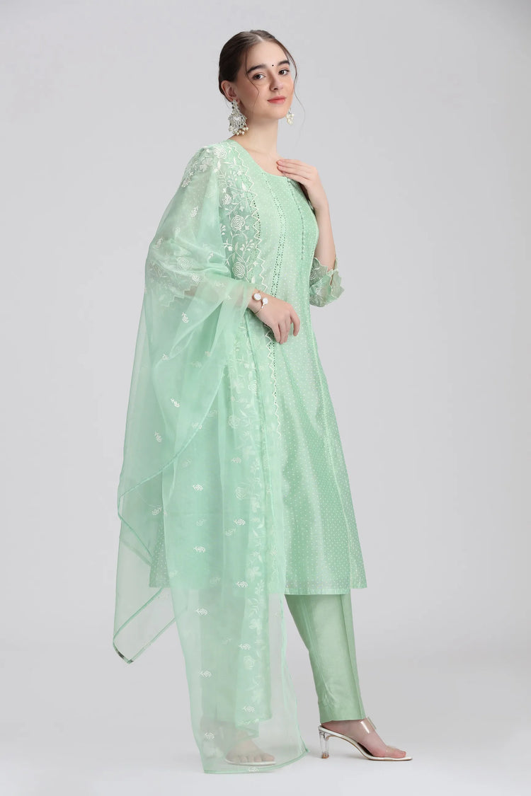 Mint Green Chanderi Embroidered A Line Kurta Pant and Dupatta Set