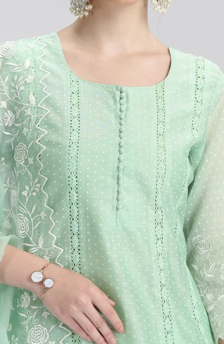 Mint Green Chanderi Embroidered A Line Kurta Pant and Dupatta Set