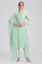 Mint Green Chanderi Embroidered A Line Kurta Pant and Dupatta Set