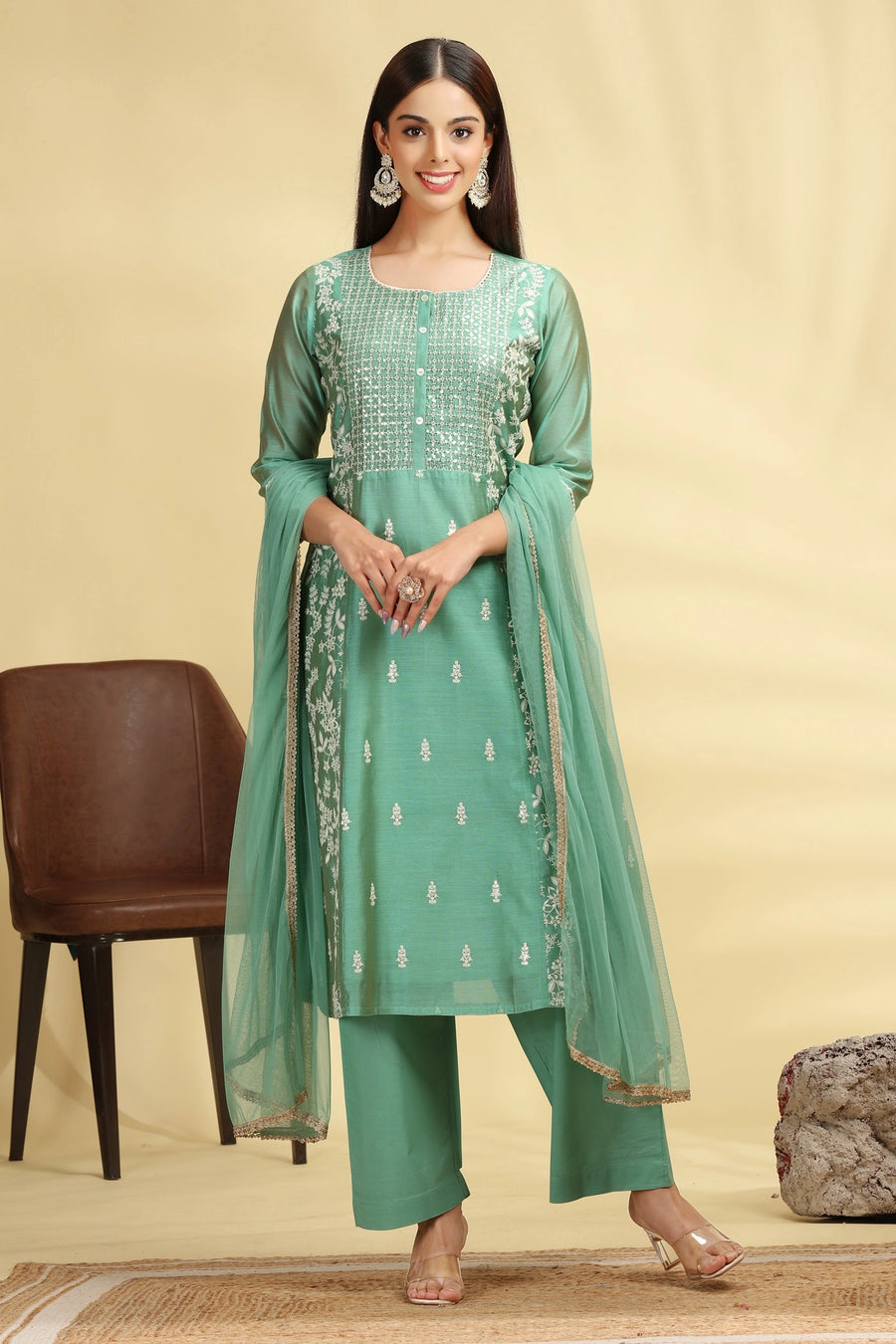 Mint Green Embroidered Chanderi A Line Kurta Pant Dupatta Suit Set