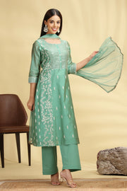 Mint Green Embroidered Chanderi A Line Kurta Pant Dupatta Suit Set for women