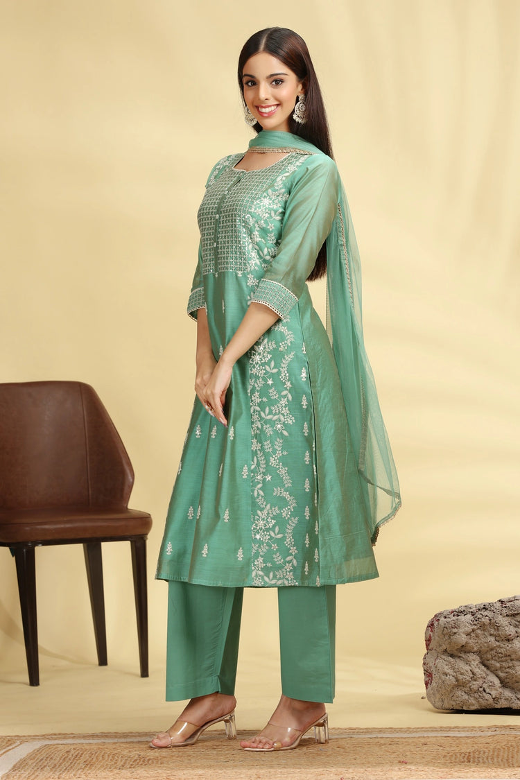 Mint Green Embroidered Chanderi A Line Kurta Pant Dupatta Suit Set for women