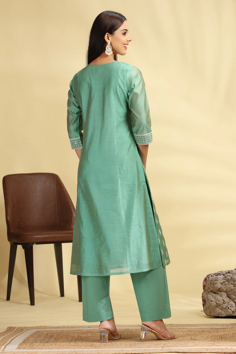 Mint Green Embroidered Chanderi A Line Kurta Pant Dupatta Suit Set for women