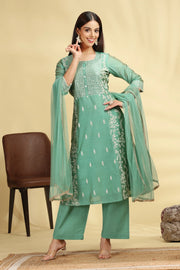 Mint Green Embroidered Chanderi A Line Kurta Pant Dupatta Suit Set for women