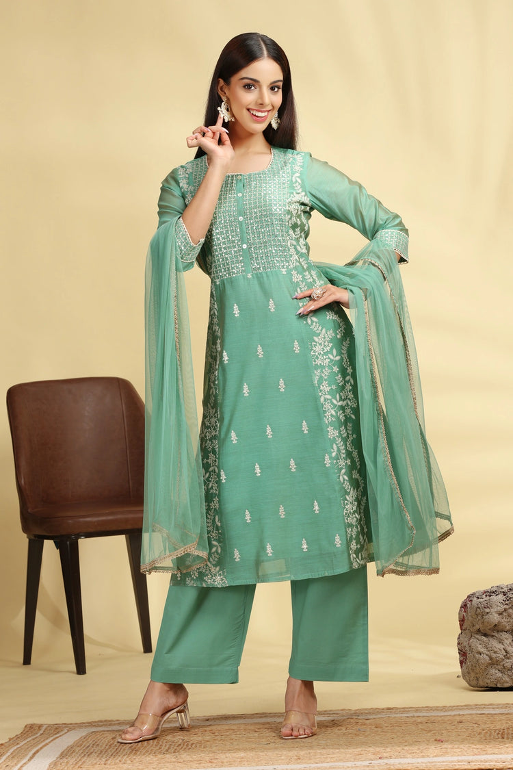 Mint Green Embroidered Chanderi A Line Kurta Pant Dupatta Suit Set for women