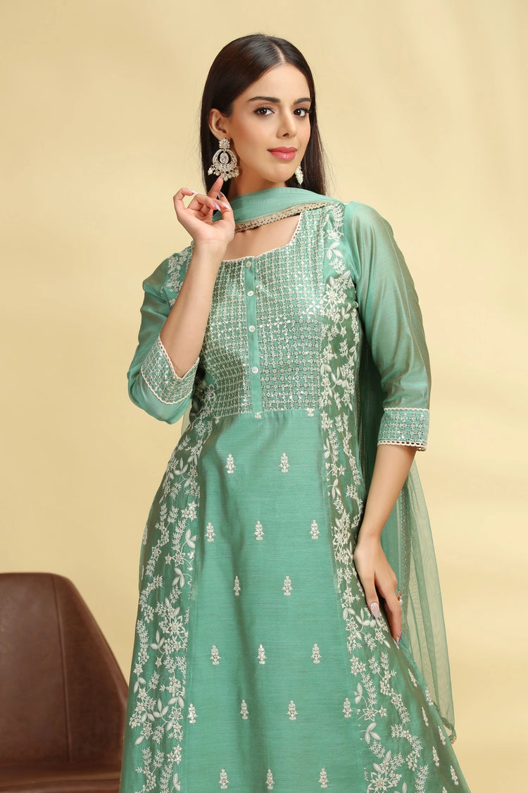 Mint Green Embroidered Chanderi A Line Kurta Pant Dupatta Suit Set for women