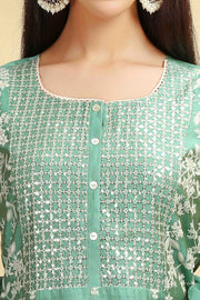 Mint Green Embroidered Chanderi A Line Kurta Pant Dupatta Suit Set for women