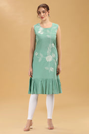 Mint Green Floral Embroidered Slub Cotton Sleeveless Kurti for women