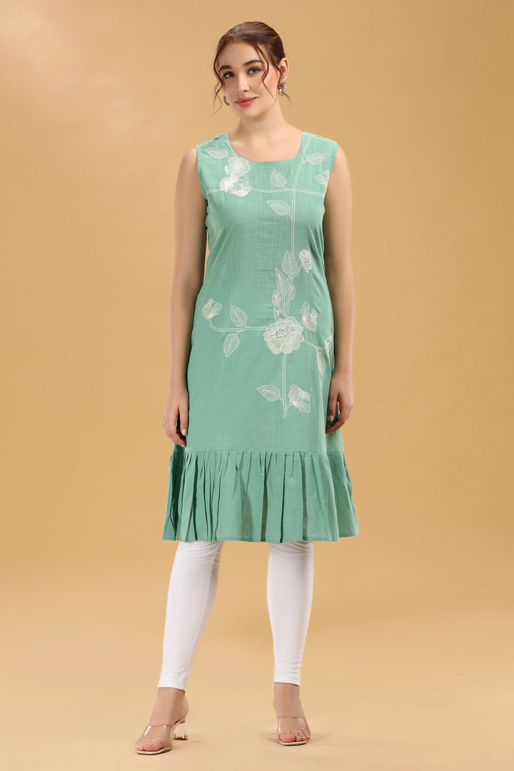 Mint Green Floral Embroidered Slub Cotton Sleeveless Kurti for women