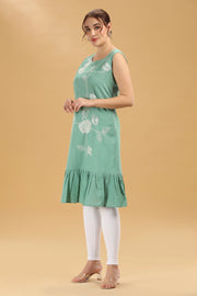 Mint Green Floral Embroidered Slub Cotton Sleeveless Kurti for women