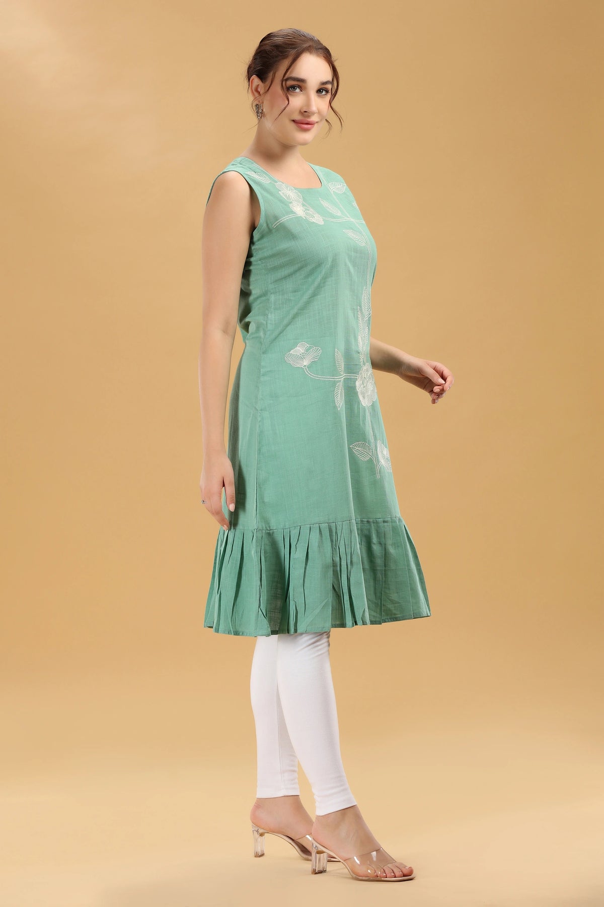Mint Green Floral Embroidered Slub Cotton Sleeveless Kurti for women