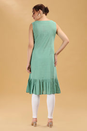 Mint Green Floral Embroidered Slub Cotton Sleeveless Kurti for women