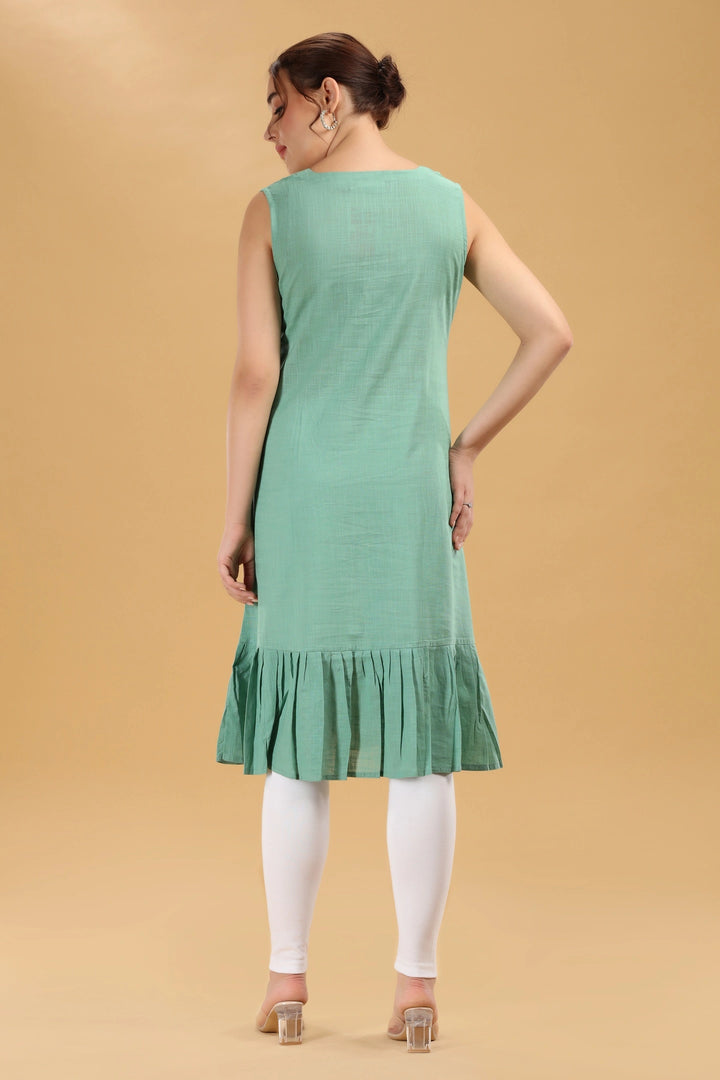 Mint Green Floral Embroidered Slub Cotton Sleeveless Kurti for women