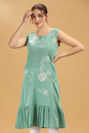 Mint Green Floral Embroidered Slub Cotton Sleeveless Kurti for women