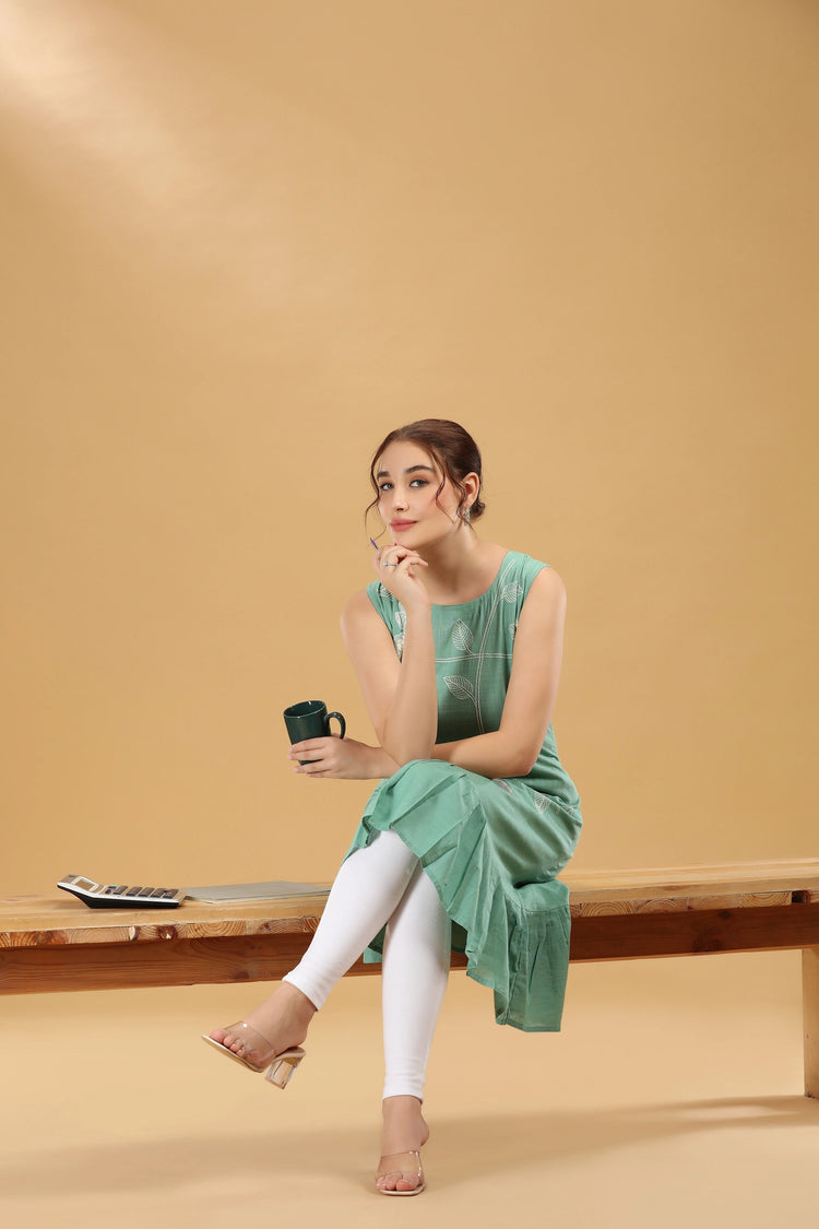 Mint Green Floral Embroidered Slub Cotton Sleeveless Kurti for women