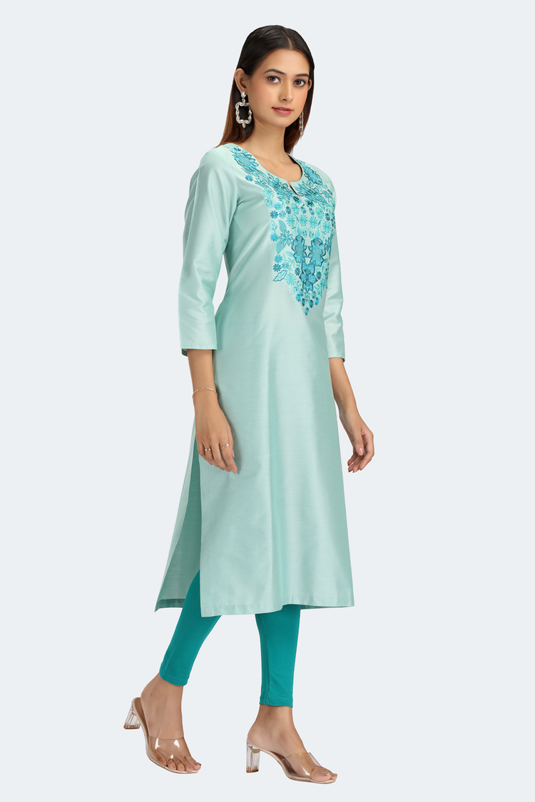 Mint Green PolySilk Embroidered Straight Kurta