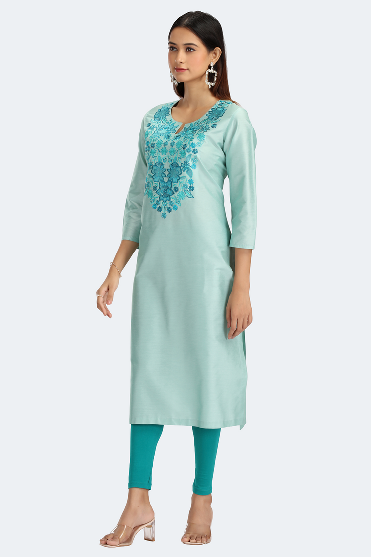 Mint Green PolySilk Embroidered Straight Kurta