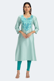 Mint Green PolySilk Embroidered Straight Kurta
