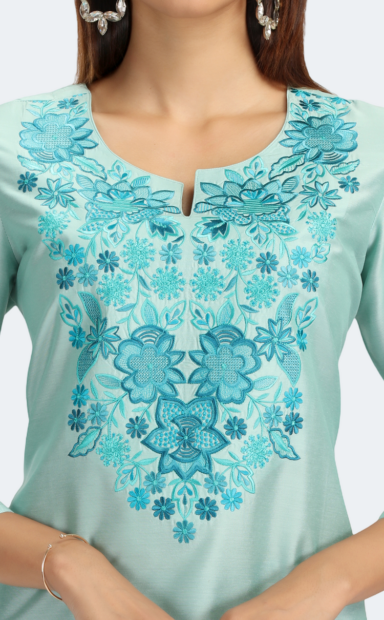 Mint Green PolySilk Embroidered Straight Kurta