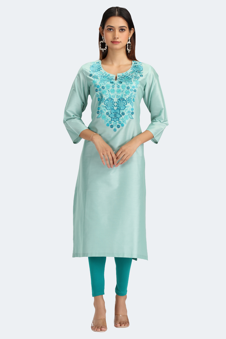 Mint Green PolySilk Embroidered Straight Kurta
