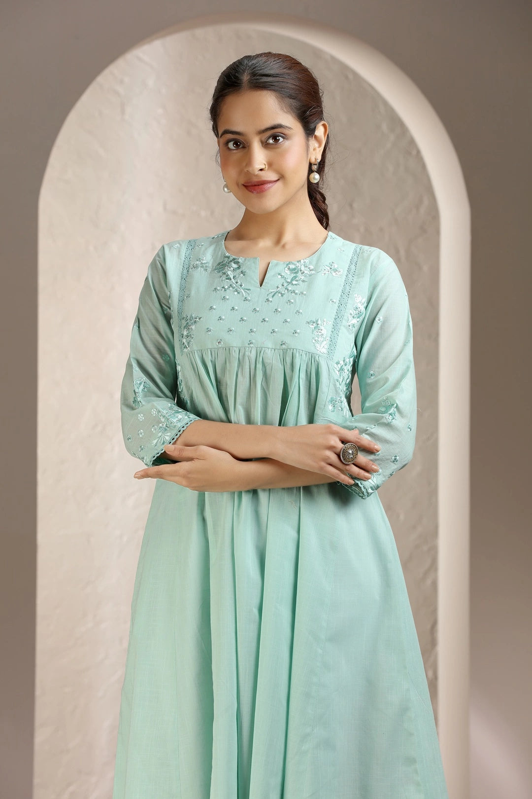 Mint Green Flex Cotton A Line Embroidered Kurta and Pant Set