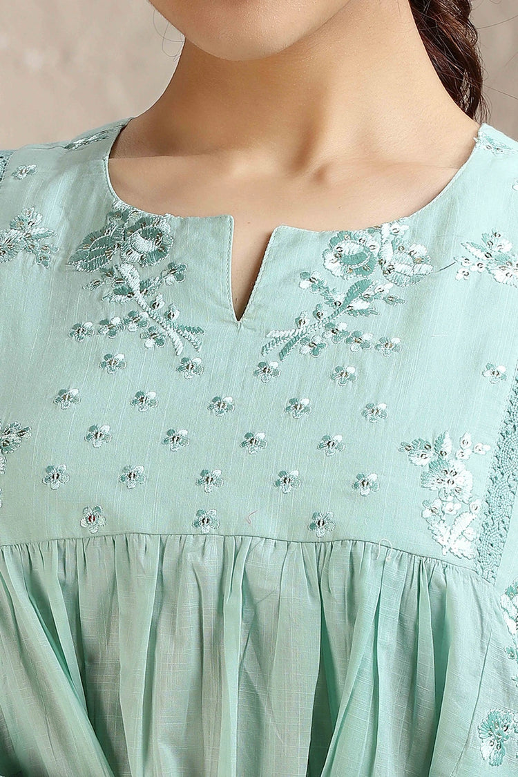 Mint Green Flex Cotton A Line Embroidered Kurta and Pant Set