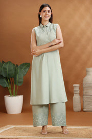 Mint Green Rayon Embroidered A Line Sleeveless Kurta and Pant Set