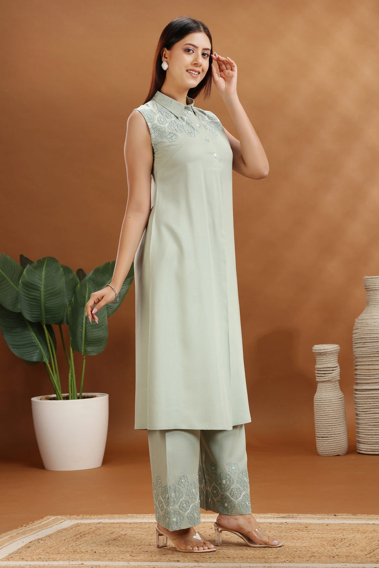 Mint Green Rayon Embroidered A Line Sleeveless Kurta and Pant Set