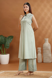 Mint Green Rayon Embroidered A Line Sleeveless Kurta and Pant Set