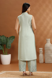 Mint Green Rayon Embroidered A Line Sleeveless Kurta and Pant Set