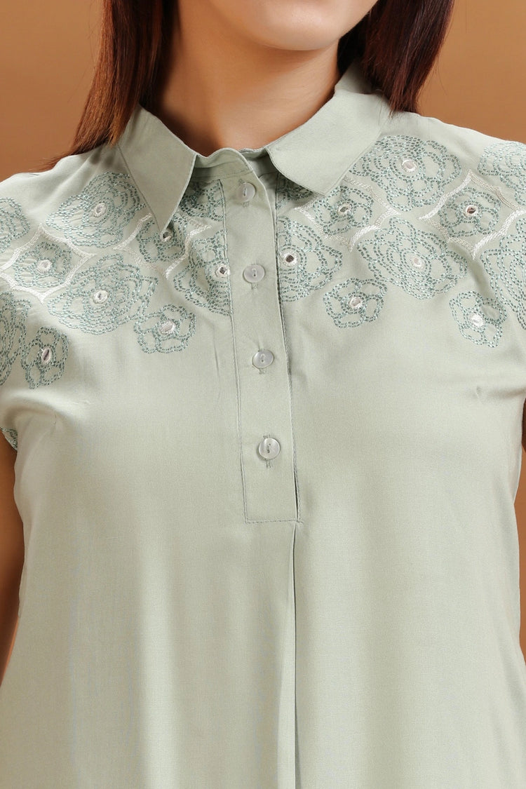 Mint Green Rayon Embroidered A Line Sleeveless Kurta and Pant Set