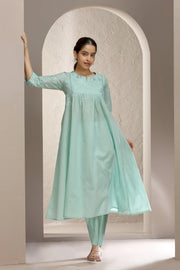 Mint Green Flex Cotton A Line Embroidered Kurta and Pant Set