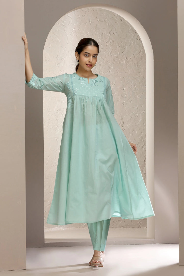 Mint Green Flex Cotton A Line Embroidered Kurta and Pant Set