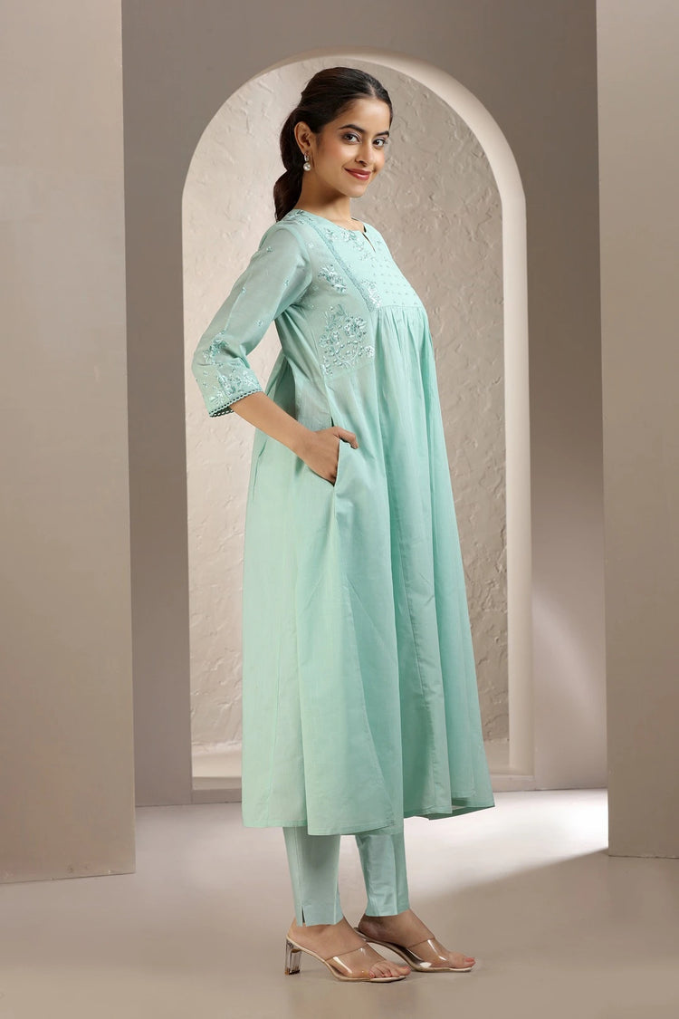 Mint Green Flex Cotton A Line Embroidered Kurta and Pant Set