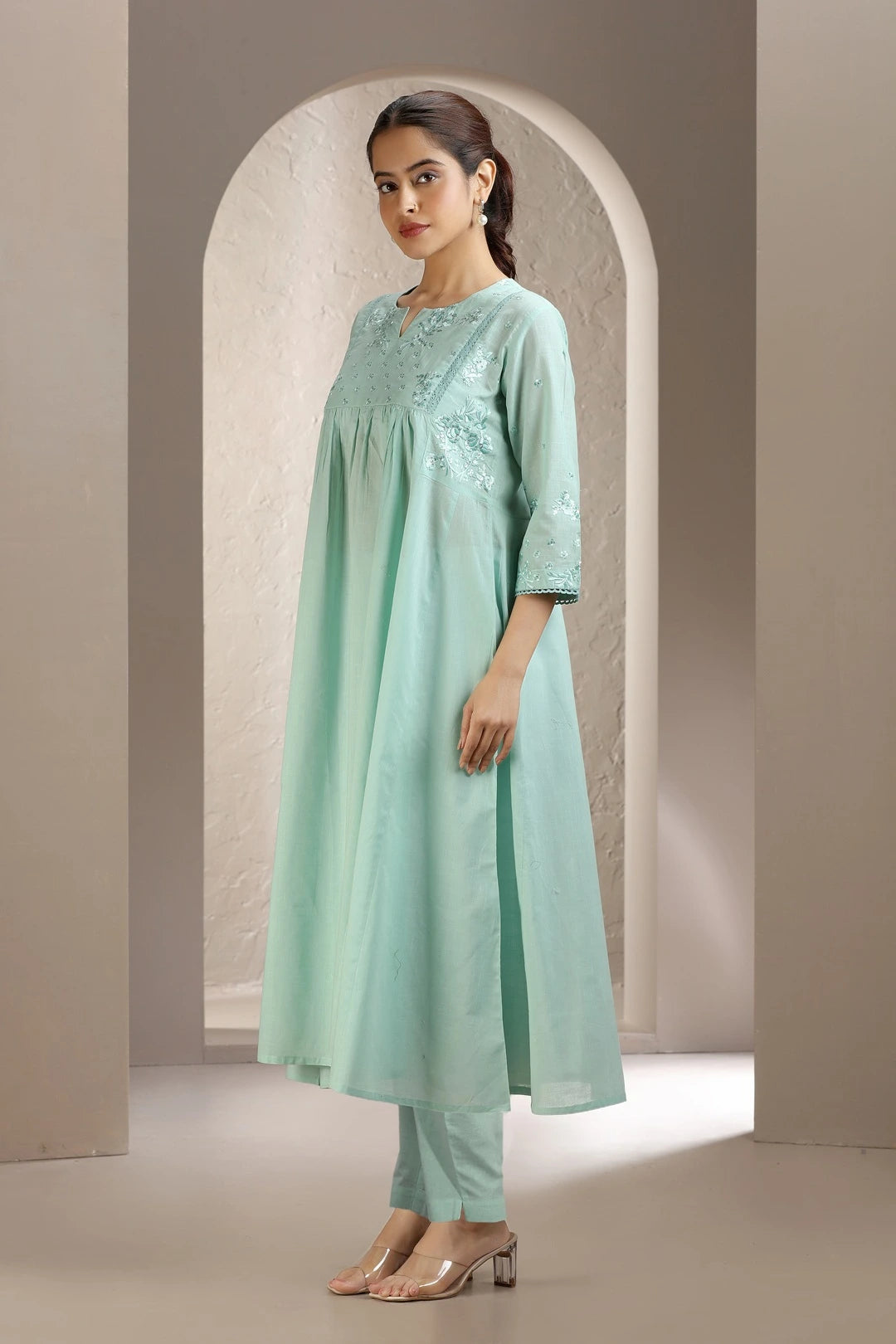 Mint Green Flex Cotton A Line Embroidered Kurta and Pant Set
