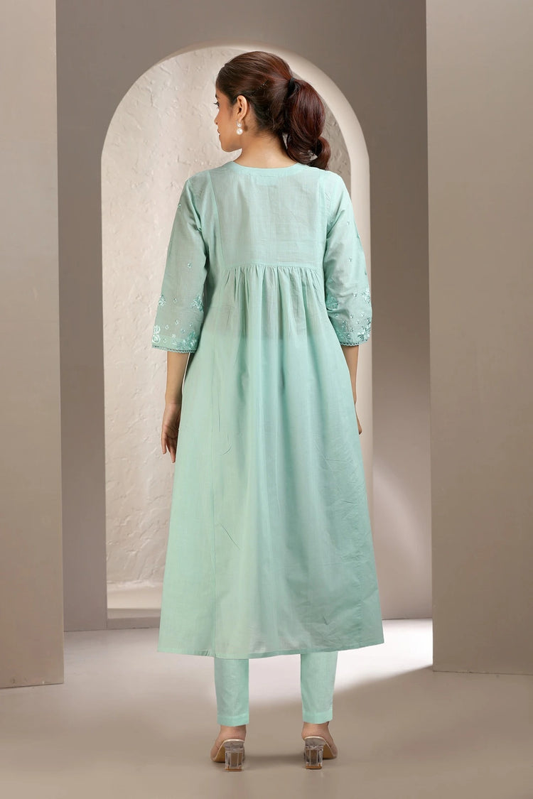 Mint Green Flex Cotton A Line Embroidered Kurta and Pant Set